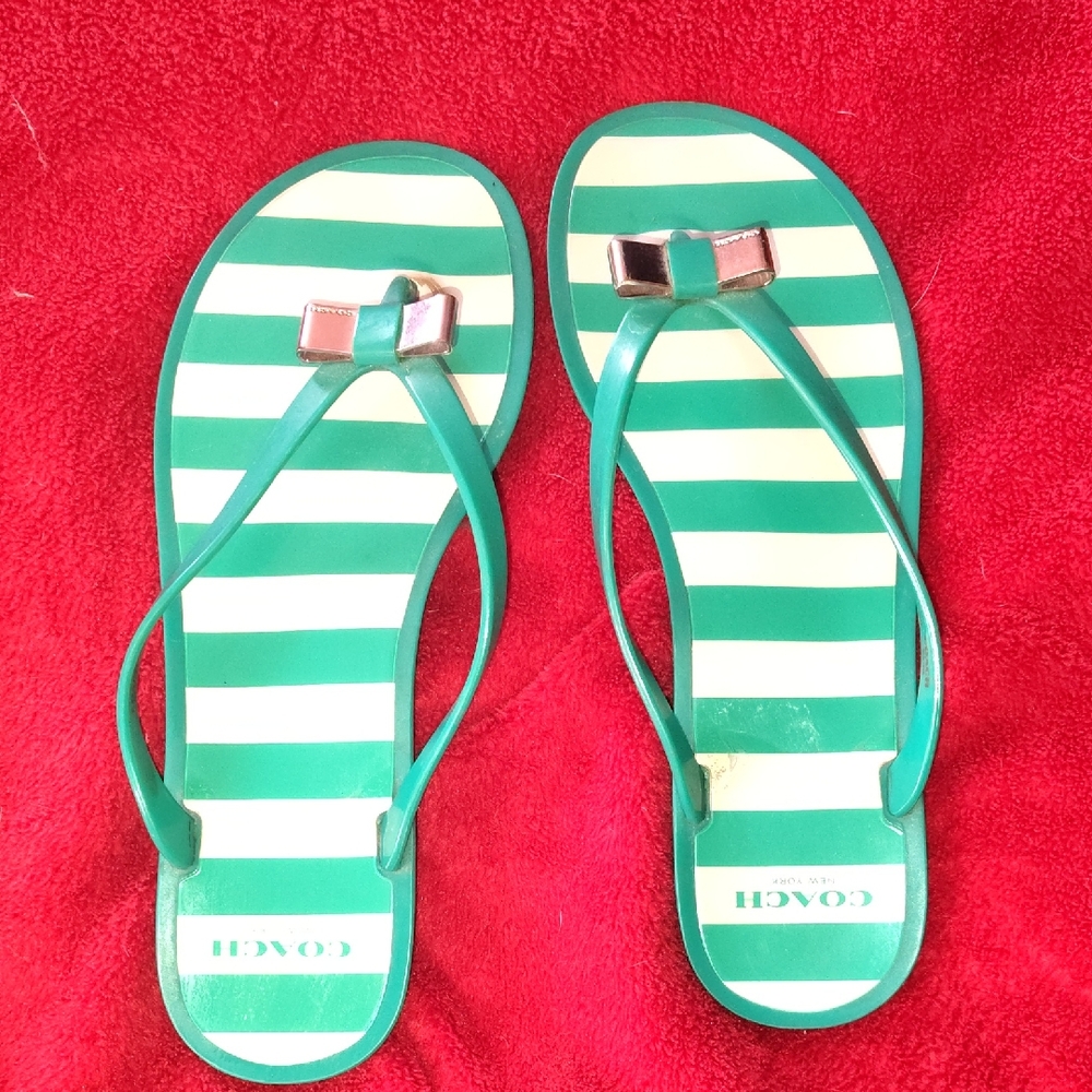 Coach Landon jelly thong flip-flop sandals in a green and white stripe